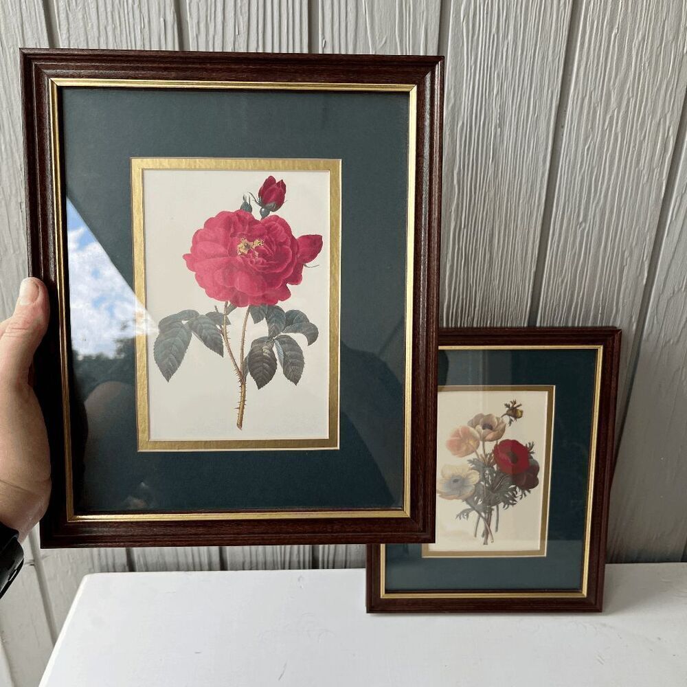 Set of Mid Century Flower Print Wood Gold Frame Vtg Wall Accent Decor 9 X 11